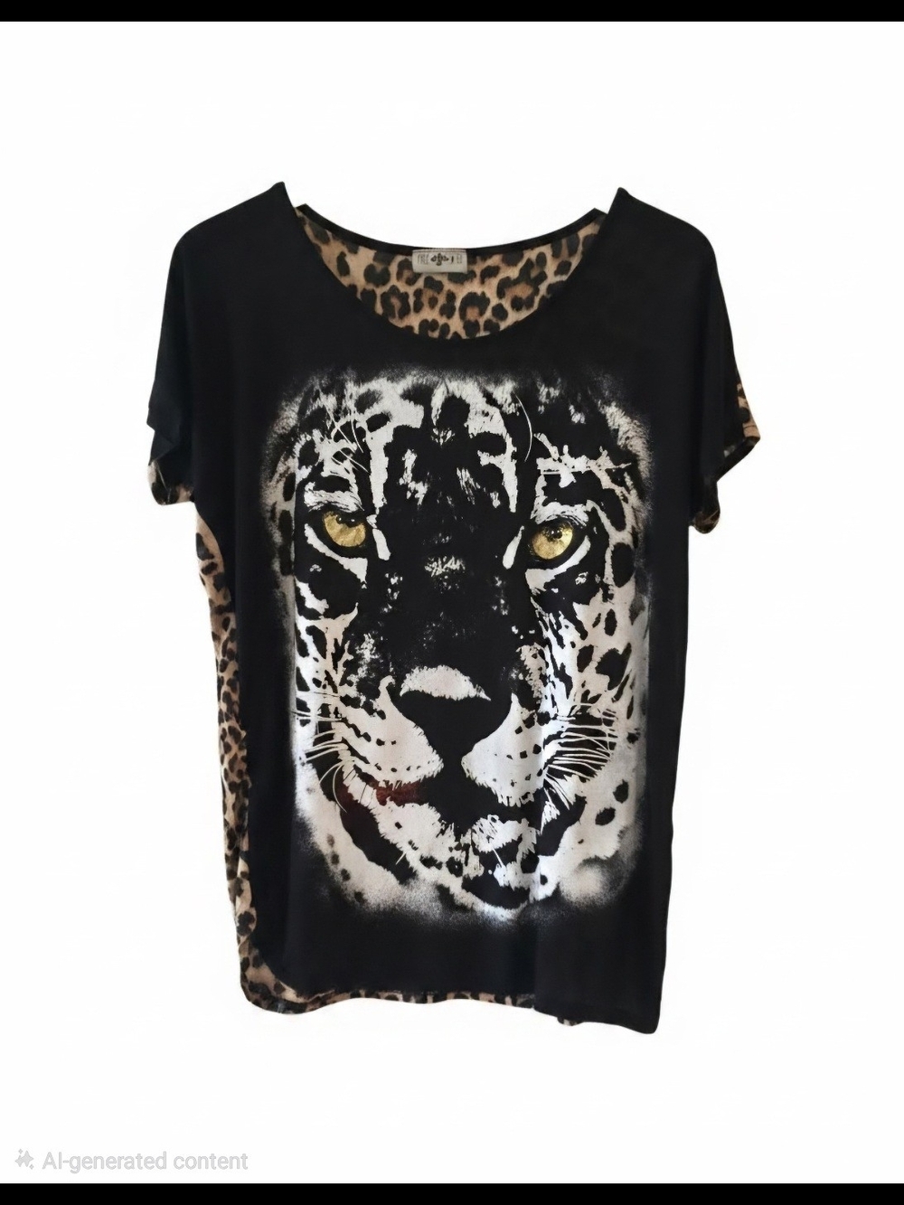 Free Kisses Black Tee with Leopard Face and Leopard-Print Trim